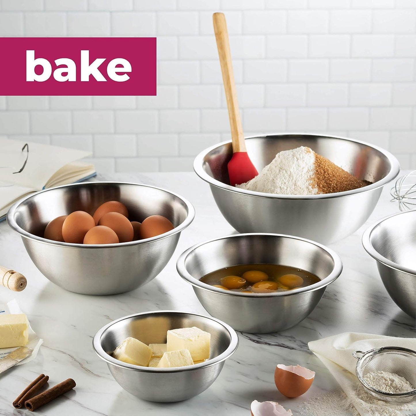 Stainless Steel Mixing Bowl Set, Nesting Bowls for Kitchen Baking, Cooking, Prepping, Kitchen Food Storage Organizers, No Lids (5 Pack)