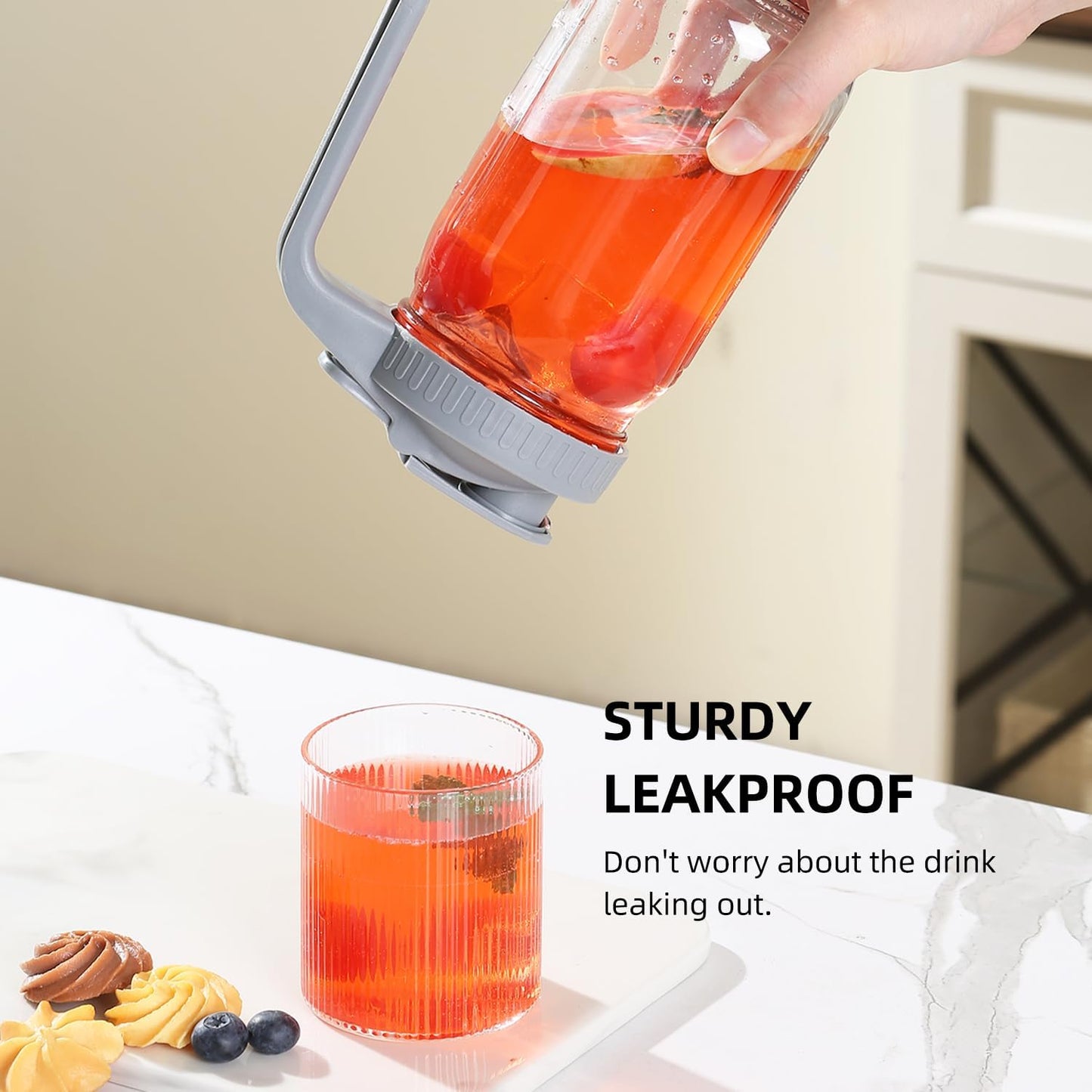 Glass Mason Jar Pitcher with Pour Spout Handle Lid, Breast Milk Pitcher Jug for Ice Tea, Cold Brew Coffee, Fridge Water, Juices, Leak Proof Storage Container (32oz 2Pack)