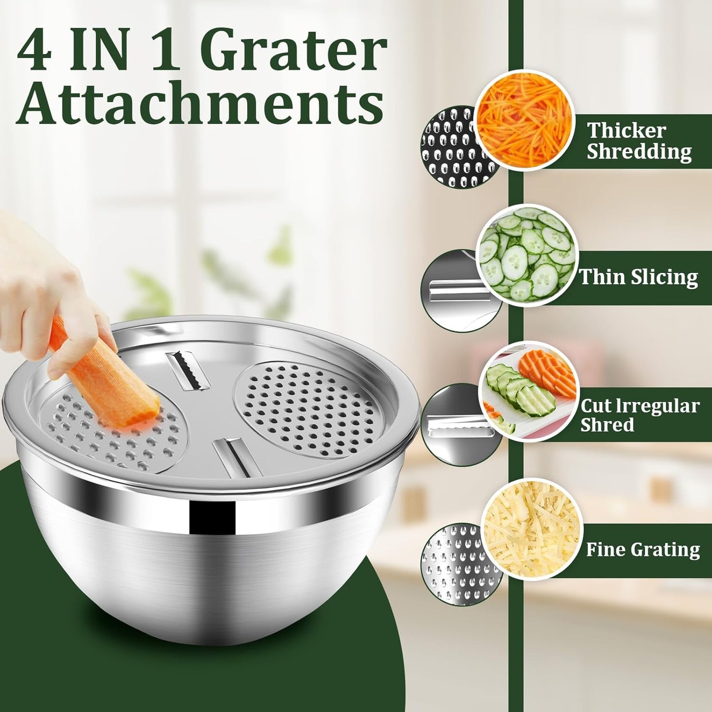 Mixing Bowls with Lids Set, 16PCS Stainless Steel Mixing Bowls,Nesting Storage Bowls for Kitchen with Mixing Bowl, Colander, Strainer & Grater, Metal Salad Bowl for Kitchen Gadgets, Black