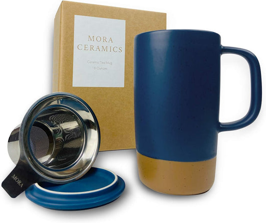 Mora Ceramics Large Tea Mug with Loose Leaf Infuser and Ceramic Lid, 18 oz, Portable, Microwave and Dishwasher Safe, Tall Coffee Cup - Rustic Matte Ceramic Glaze, Modern Herbal Tea Strainer, Deep Blue