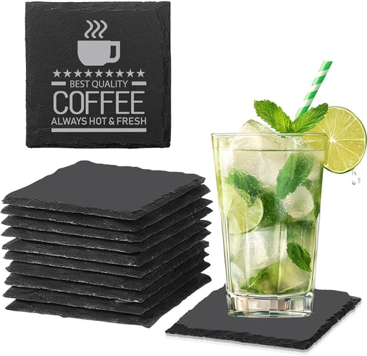 12 PCS Slate Coasters Black Square 4 Inch Bulk Rock, Blank Laser Engraving, Scratch Resistant Bottom, Home Office Kitchen Gift Wedding Bar Party (12 PCS Square Coasters)