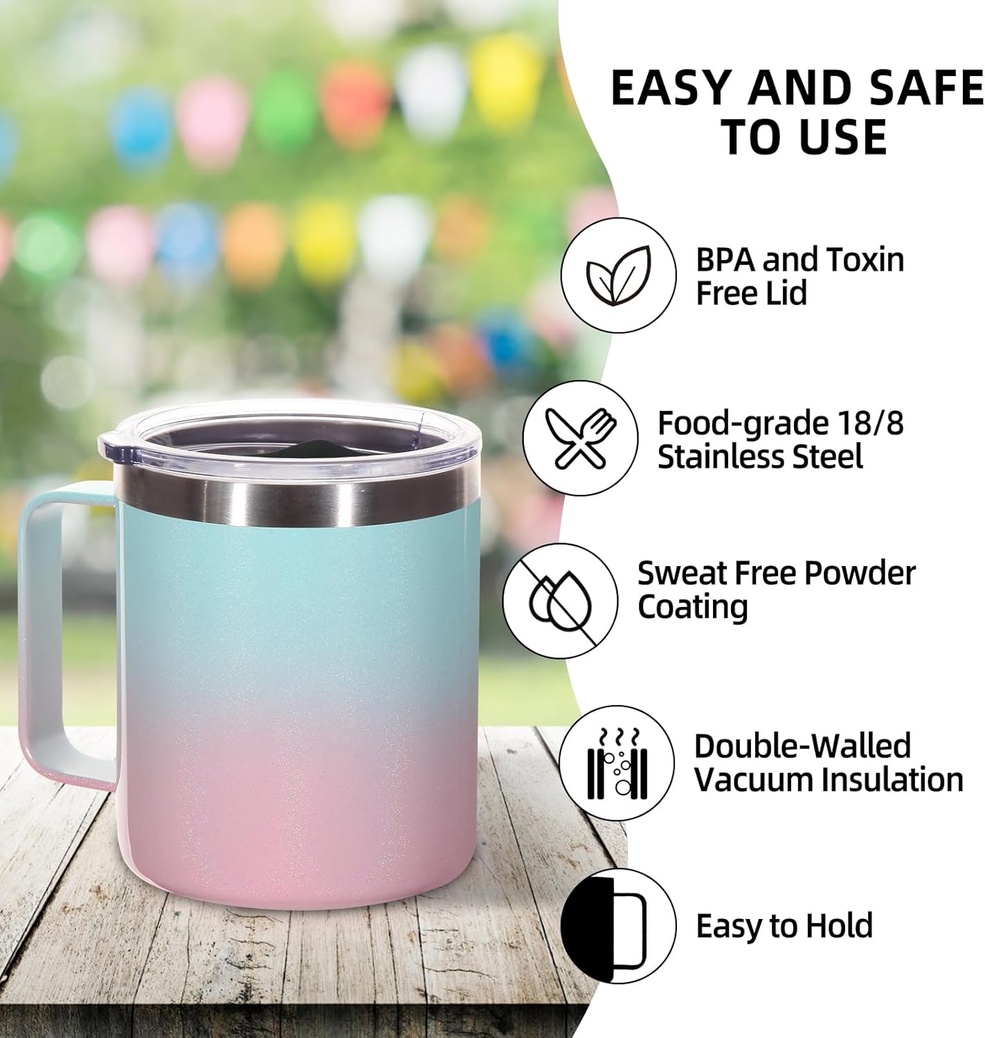 Volhoply 14oz Insulated Stainless Steel Coffee Mug with Leakproof Lid,Double Wall Vacuum Travel Coffee Cup with Handle, Reusable Cups Tumbler,Camping Mugs Keep Hot, Ideal Gifts(Green Pink,1 Set)