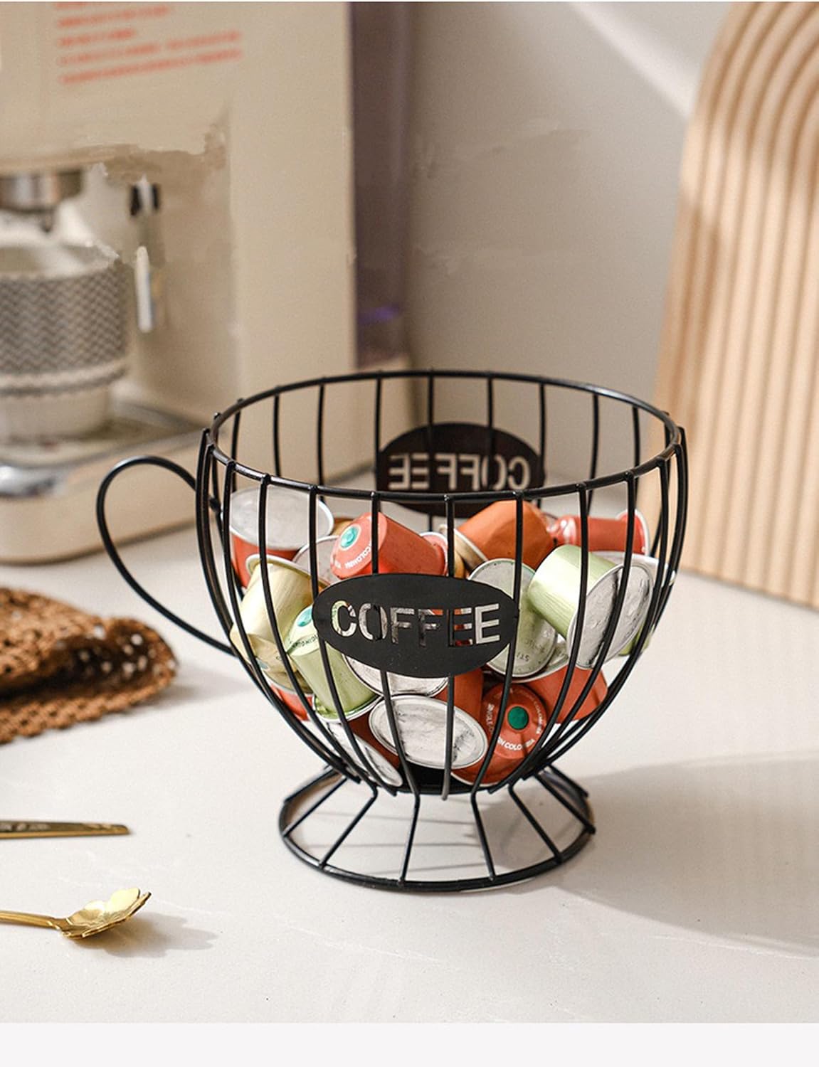 Coffee Pod Holder,Large K-Cup & Nespresso Capsule Organizer, Coffee Capsule Basket, Metal Coffee Bar Organizer for Kitchen Dinning Room Office Home Cafe Hotel (Black-Tea Cup )