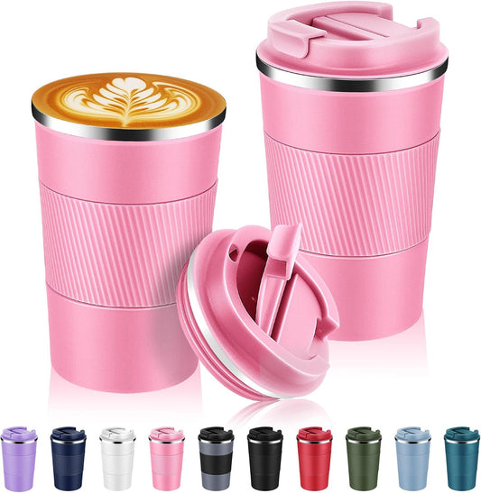Volhoply 13 oz Stainless Steel Insulated Travel Coffee Mug with Fip Lid Bulk 2 Pack,Reusable Double Wall Vacuum Metal Coffee Cup,Portable Leak Proof Thermal Tumbler for Hot & Cold Drinks(Pink,2)