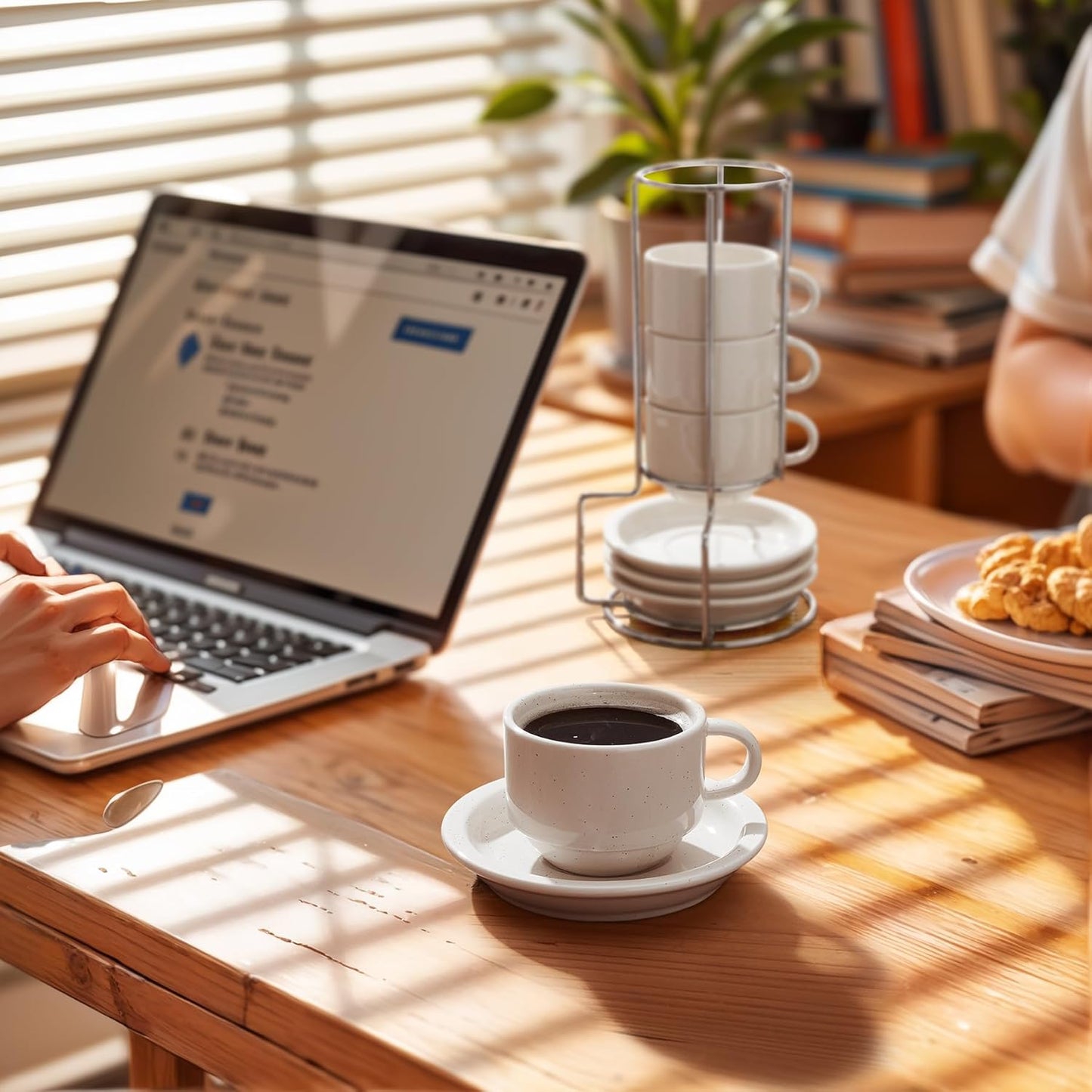 Sweese Porcelain Espresso Cups Set, 2.5 oz, with Saucers, Metal Stand, Stackable - Dove Grey, 4 Pack