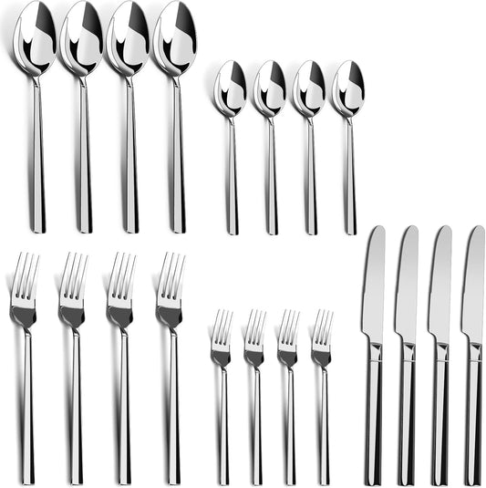 20-Piece Stainless Steel Flatware Set, Service for 4 — 4 × 5-Piece Place Settings (Knife, Dinner Fork, Salad Fork, Dinner Spoon & Teaspoon), Mirror-Finish, Dishwasher Safe Silverware