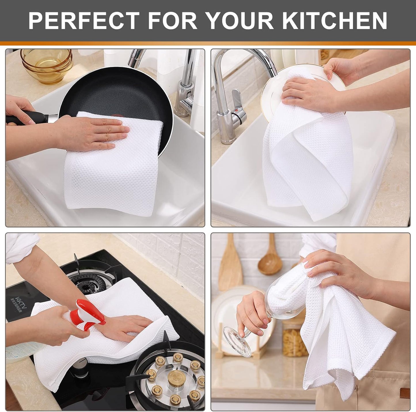 Kitinjoy 100% Cotton Waffle Weave Kitchen Towels, 4-Pack Super Soft and Absorbent Dish Towels for Drying Dishes, Kitchen Hand Towels, 13 in x 28 in, White