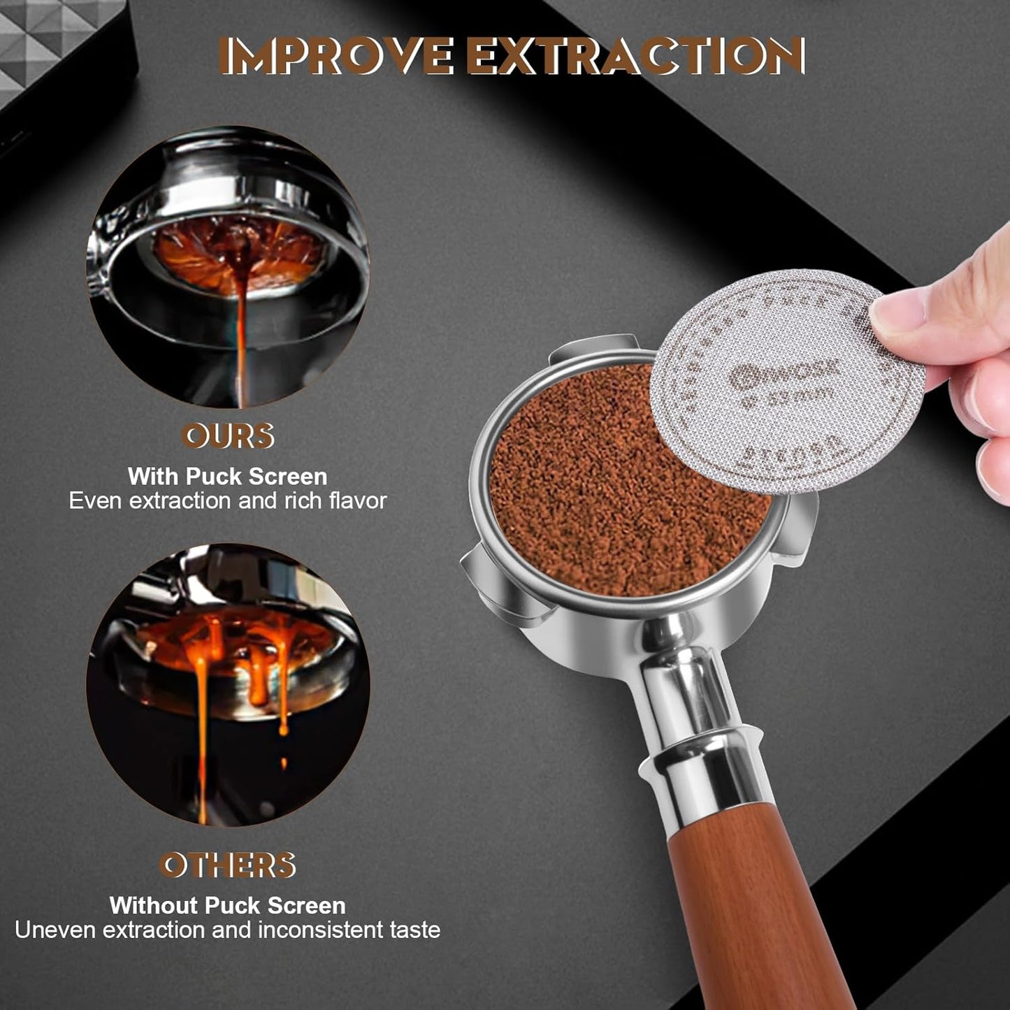 54mm Bottomless Portafilter 3 Ears Espresso Portafilter Compatible with reville BES870/878/880 with Puck Screen Coffee Needle and Walnut Handle