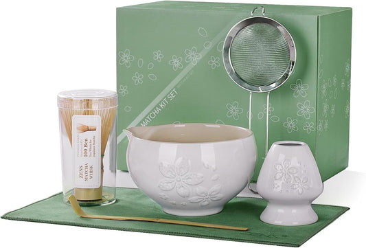 ZENS Matcha Whisk Set, Ceramic Matcha Set Includes 15oz Sakura Bowl, Bamboo Whisk & Chasen Holder, Scoop & Sifter-Tea Towel, 6pcs Matcha Kit for Matcha Lovers, White