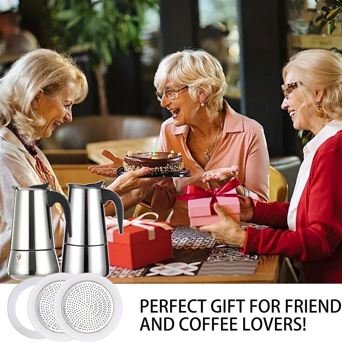 2 Pcs Filter with 3 Pcs Silicone Gasket Seals for 4 Cup Stovetop Espresso Coffee Maker Replacement Parts for Big Tummy and Straight Stainless Steel Moka Pot