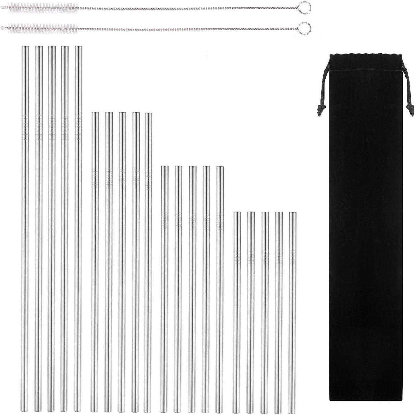 Reusable Stainless Steel Drinking Straws, 20 Pcs 4 Size - 6.3'' 7.1'' 8.5'' 10.5'', Long Short Smoothie Drinking Straight Straws With 2 Brushes and Carry bag, Fit for 20/30 oz Tumblers