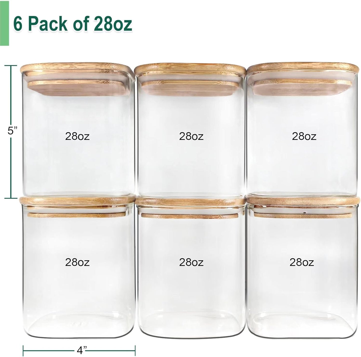 Urban Green Glass Jars with Bamboo Lids, Square Glass Jar with airtight lids, 6 pack of 28oz, Food Storage Containers with bamboo lids, Panty Jars