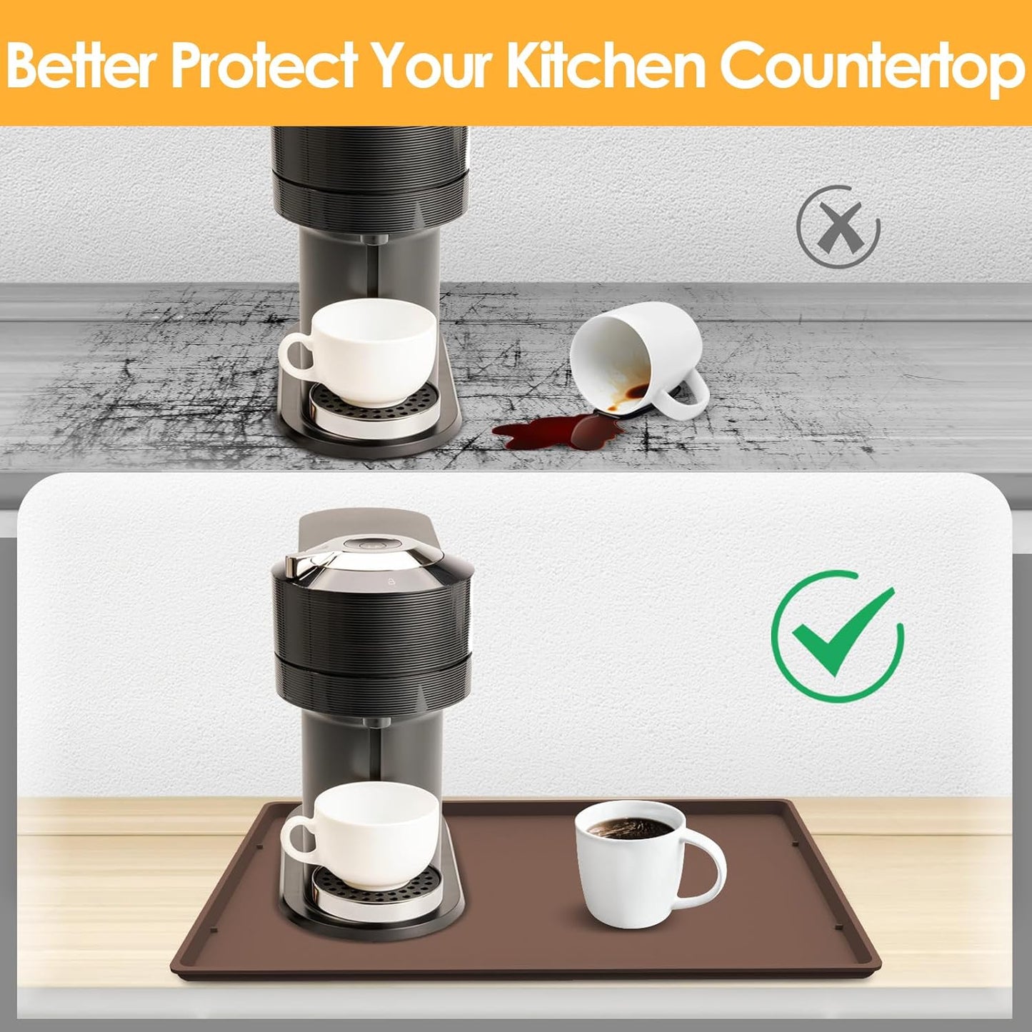 TOHONFOO Silicone Coffee Maker Mat with Lip, 19.7'' x 15'' Heavy Duty Coffee Maker Mat for Countertops, Coffee Tray Fit Under Coffee Machine Appliance Automatic Machines Espresso Accessory, Brown