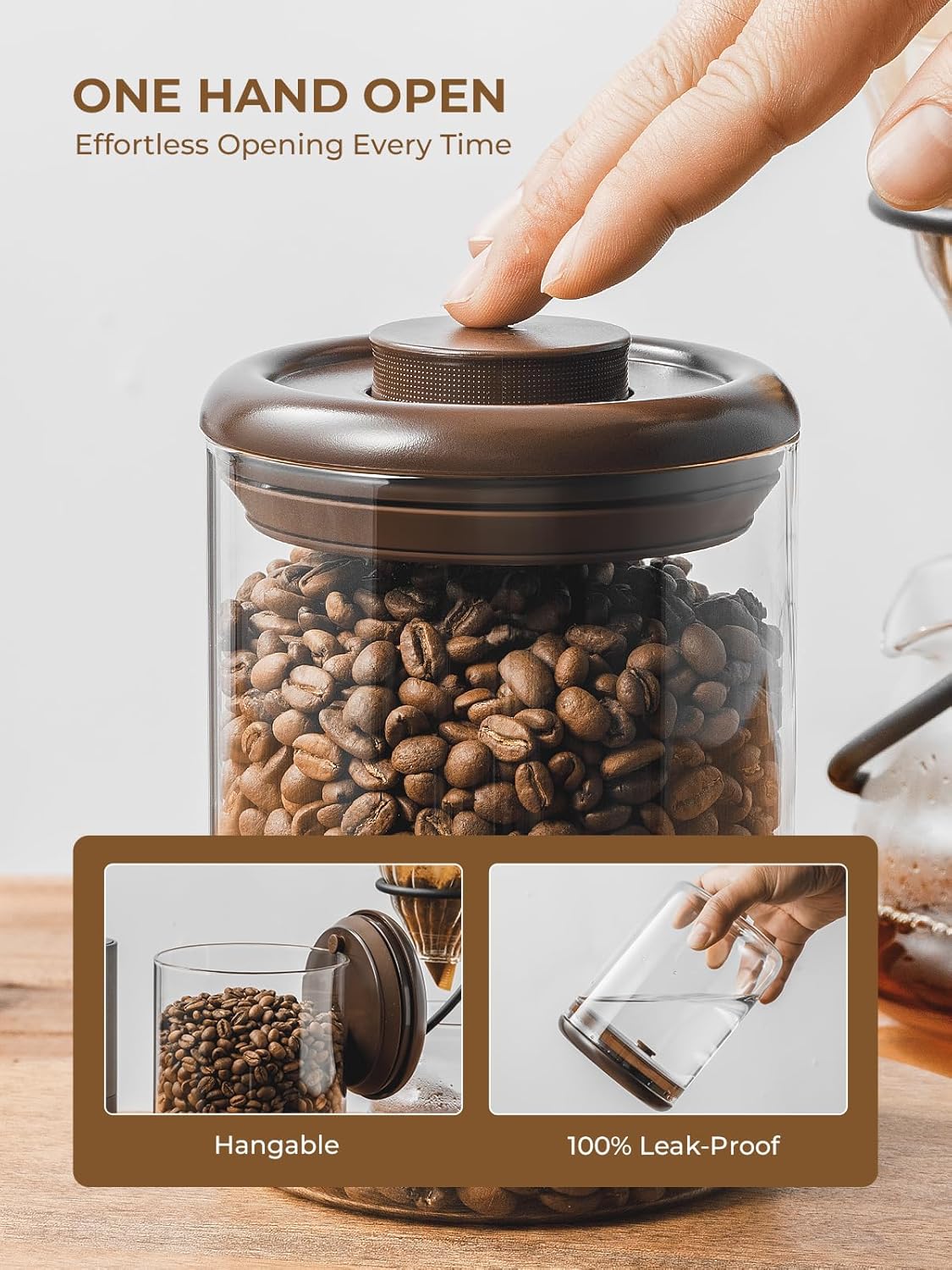 Glass Coffee Bean Jar 900 ml – Pop Top Air Tight Coffee Bean Container with CO2 Valve, 11 Oz Coffee Storage Airtight Canister, Brown