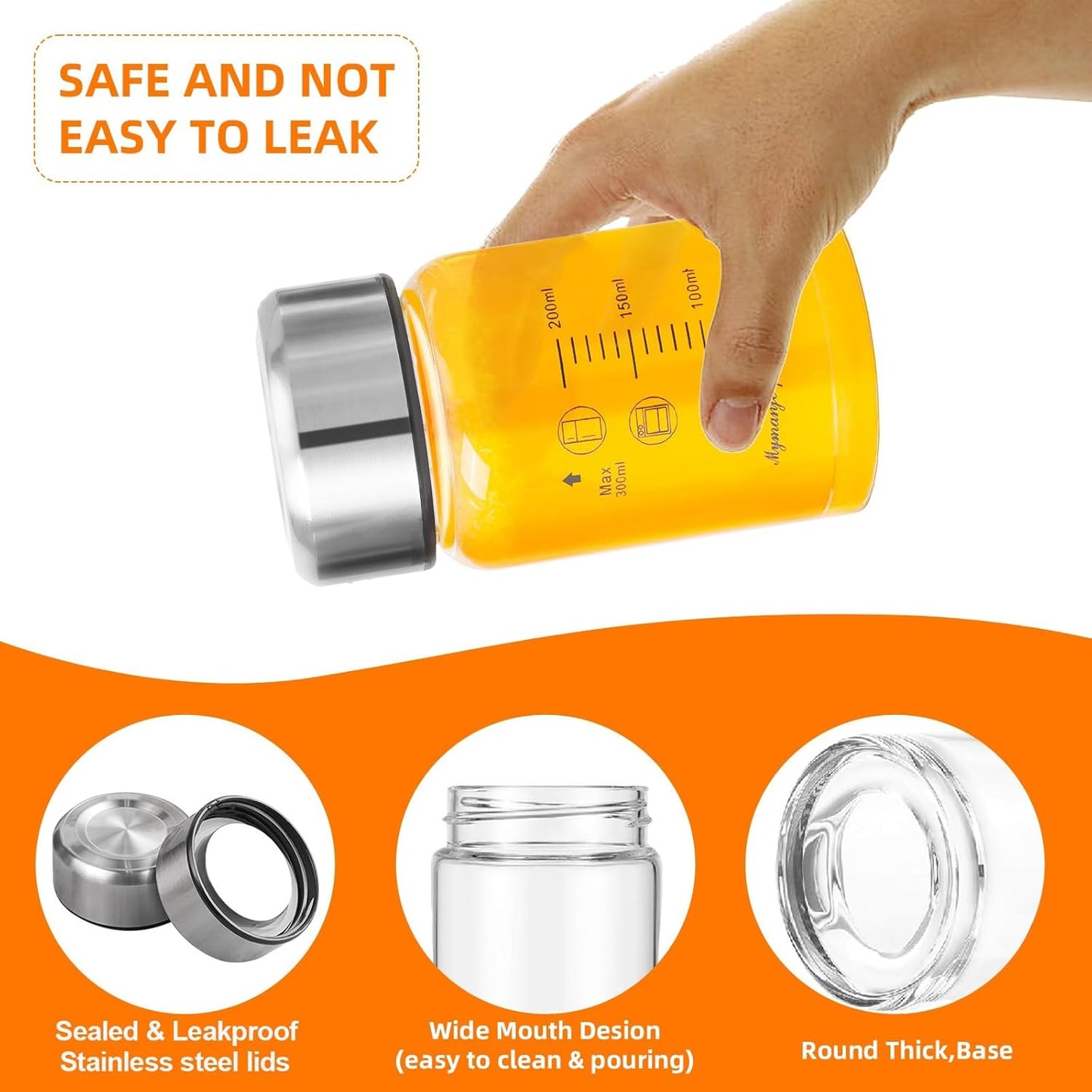 Glass Juice Bottles 10 oz - Wide Mouth Glass Water Bottles with Lids and Sleeve- for Juicing, Smoothies, Milk, Protein, Reusable, Stainless Steel Lids, Leak Proof, Shaker bottle (10oz/300ml)