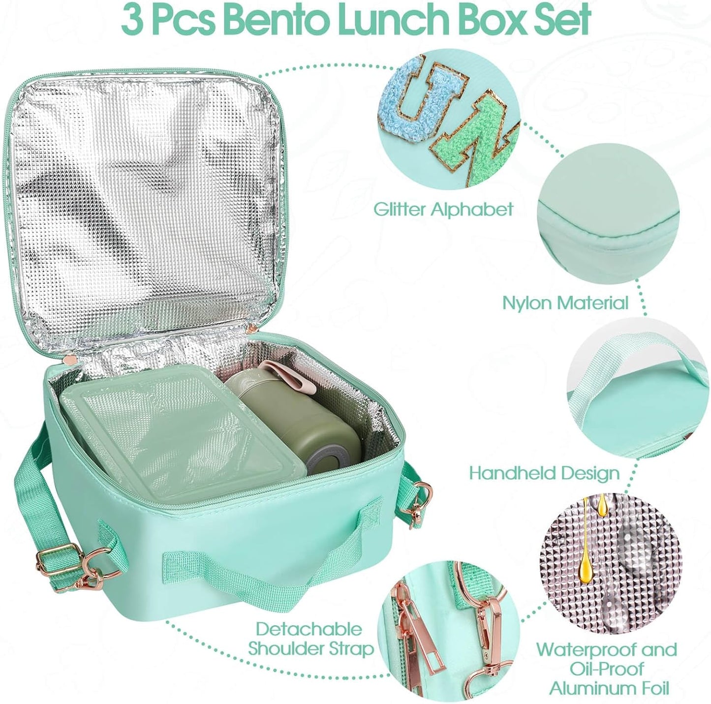 Girl Lunch Bag with 6 Compartment Bento Box with 10oz Thermo- Preppy Green Nylon Insulated Lunch Box Adjustable Strap, Birthday Gift For Girl Kids Teens Travel Picnic School