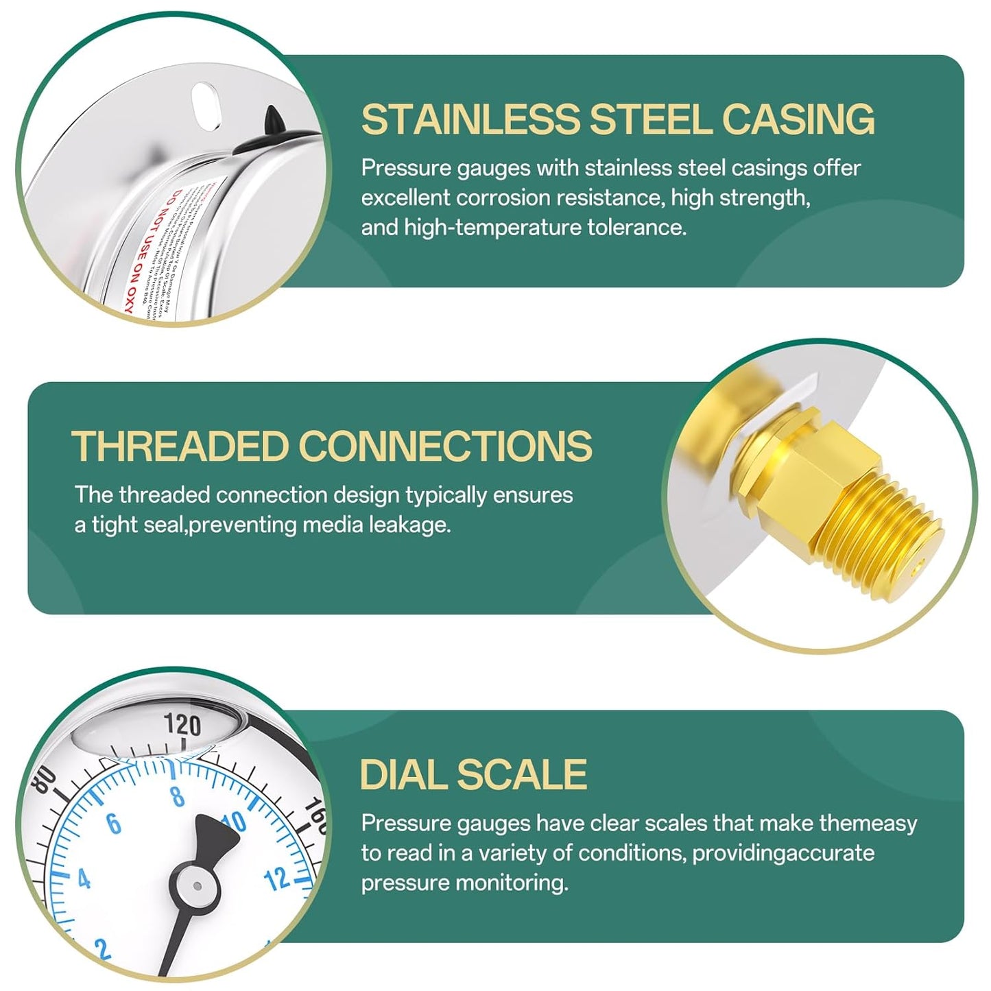 0-200PSI Panel Mount Front Flanged Glycerin Filled Pressure Gauge, 2.5" Dial Size, 1/4" MNPT Back Mount, Stainless Steel Case, with Phillips Screw and Nut, for Water, Gas, Liquid Pressure