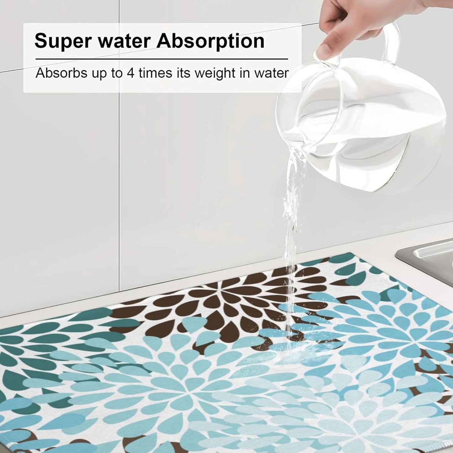 Blue Gray Dahlia Flowers Dish Drying Mat 18x24 inch for Kitchen Spring Floral Dishes Pad Dish Drainer Rack Mats Absorbent Fast Dry Kitchen Accessories