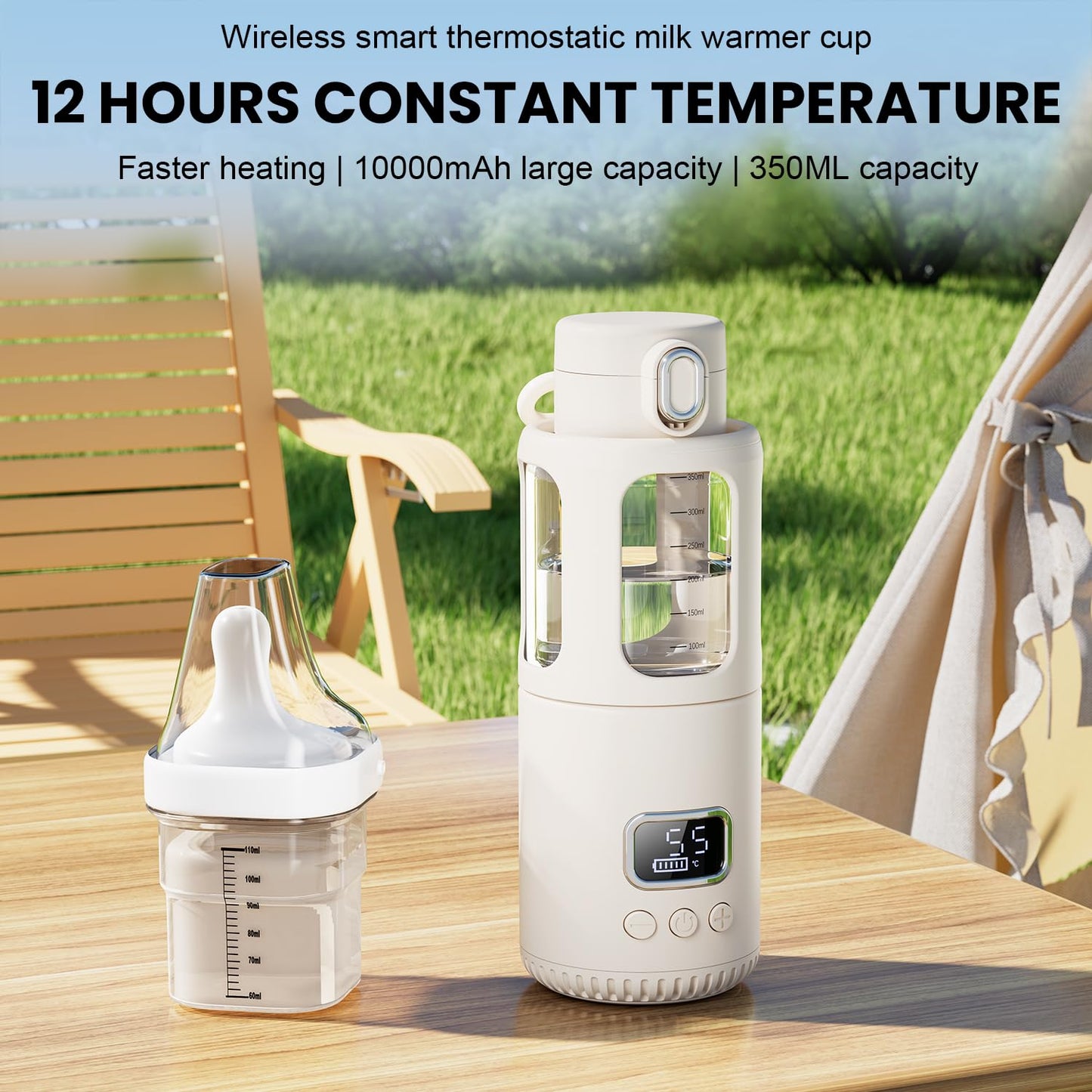 Dollox Portable Bottle Warmer for Travel 12oz Large Capacity Baby Portable Water Warmer for Formula, Breastmilk, Milk, 10000mAh, Wireless, Fast Heating Suitable for Baby Outdoor Travel, Car, Airplane
