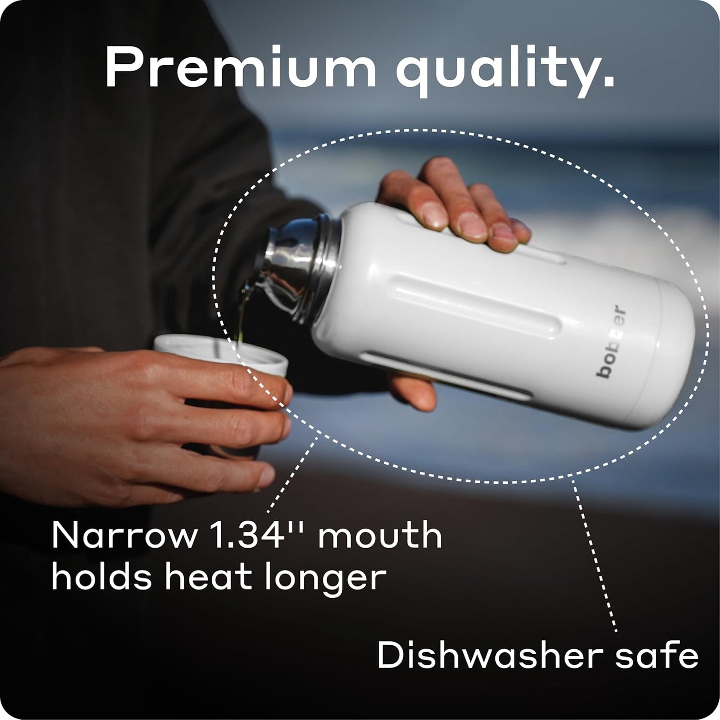 BOBBER 34 oz Stainless Steel Travel Thermos for Hot and Cold Drinks – Dishwasher Safe Metal Water Bottle with Cup Lid – Keeps Hot for 48 Hours – BPA-Free, Vacuum Insulated (White)