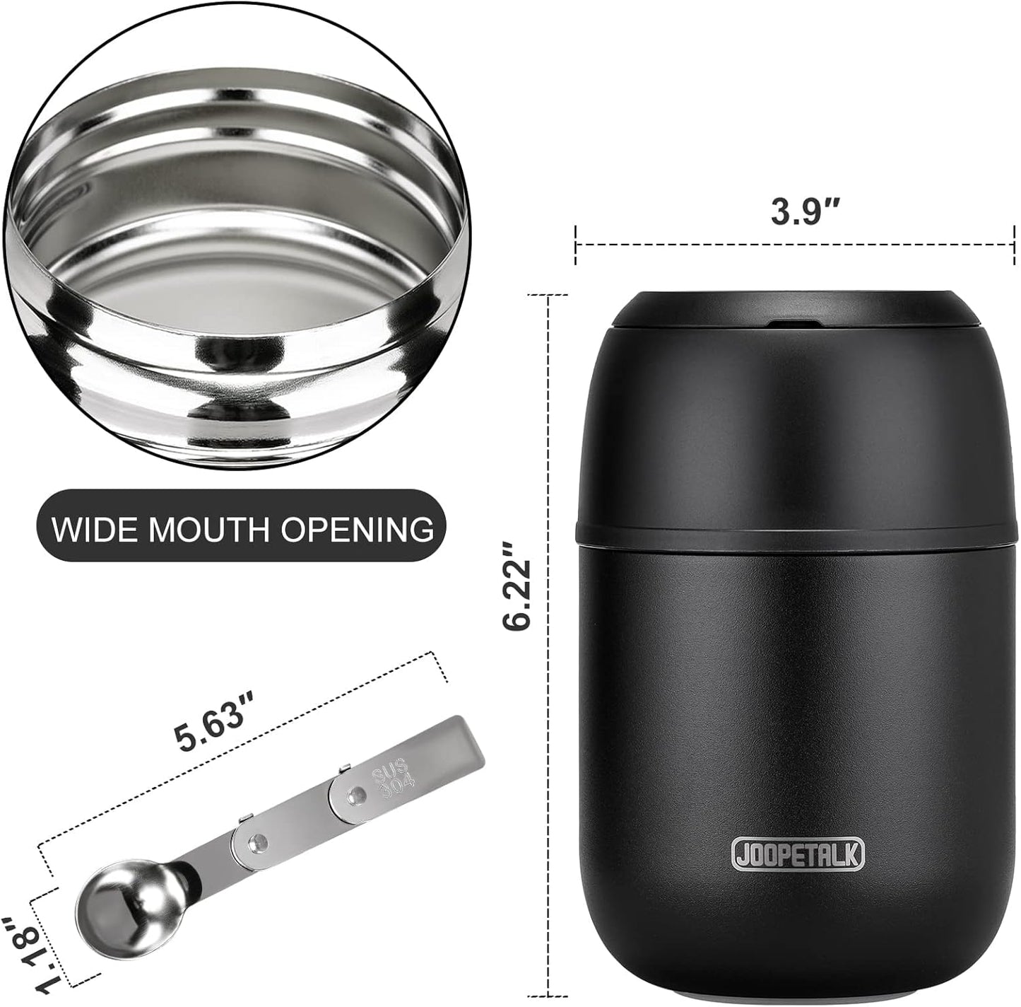 17 oz Insulated Lunch Containers, Black, Vacuum Stainless Steel Thermo Lunch Box with Handle and Folding Spoon for School, Office, Travel