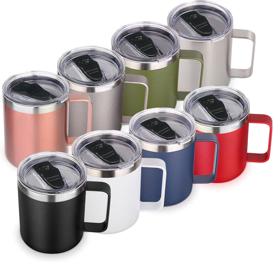 Volhoply 14oz Insulated Stainless Steel Coffee Mug with Lid Bulk 8 Pack,Double Wall Vacuum Travel Coffee Cup with Handle,Reusable Metal Cups Tumbler Cup, Camping Mugs,Ideal Gifts(Mix,8)
