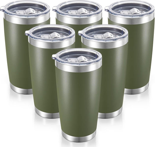 20 oz Tumblers Bulk Stainless Steel Tumbler with Lid Double Wall Vacuum Insulated Coffee Mug 20oz Powder Coated Cup for Hot and Cold Drinks, Army Green, 6 pack