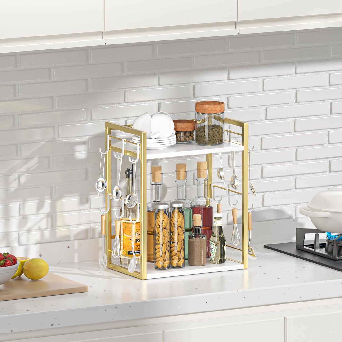 Dorhors 2 Tier Coffee Bar Accessories and Organizer,Multi-functional Mug Holder with 12 Hooks,Wood Coffee Station Organizer,Kitchen Countertop Shelf (Gold + White)