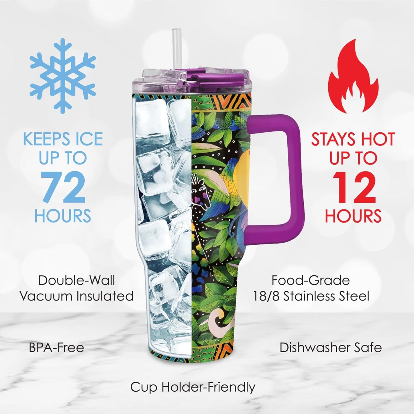 RainCaper 18/8 Stainless Steel Insulated Water Tumbler with Straw | 30oz, BPA-Free, Double Wall for Hot & Cold | Travel-Friendly, Cup Holder Ready (Laurel Burch Jungle Song)