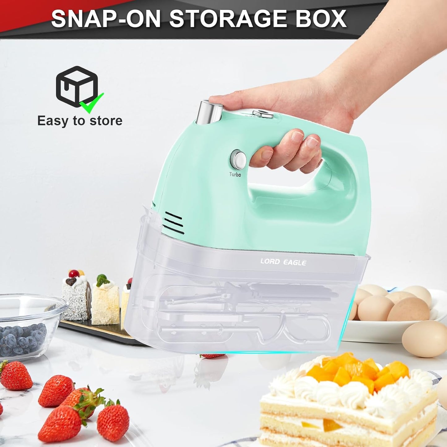 Lord Eagle Hand Mixer Electric 400W, 5 Speed handheld Mixer, 5 Stainless Steel Accessories for Baking Cake Egg Cream Food Beater, Turbo Boost/Self-Control Speed + Eject Button