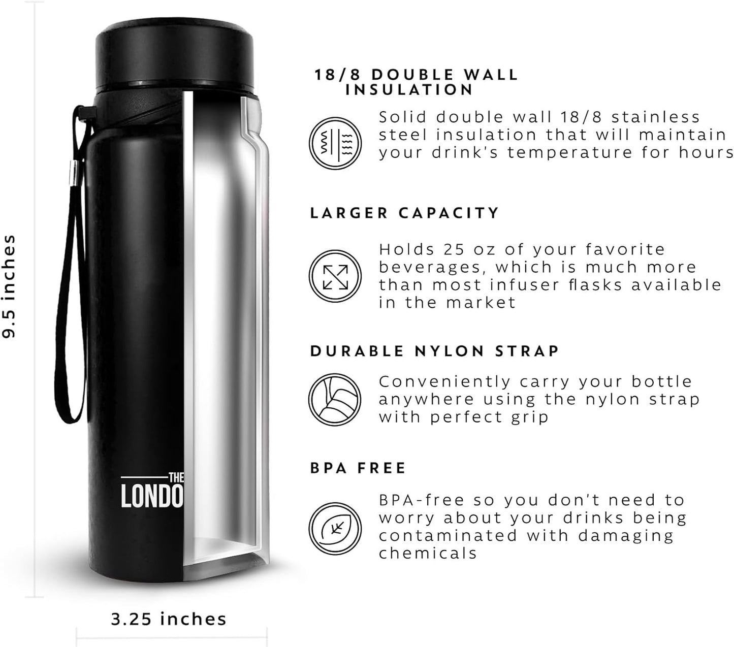 London Sip 25 oz Multi-Function Travel Mug and Tumbler Tea Infuser Water Bottle Fruit Infuser Flask Hot and Cold Double Wall Stainless Steel Coffee Thermos, Zen Black, Pack of 2