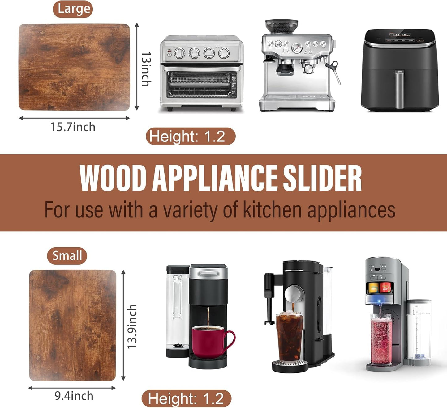 360° Appliance Slider Sliding Tray, Coffee Maker Rolling Tray for Counter Under Cabinet Coffee Pot Mat for Breville Ninja Espresso Machine, Toaster, Air Fryer, Quiet Wheels, Brown (Small 13"×9.4")