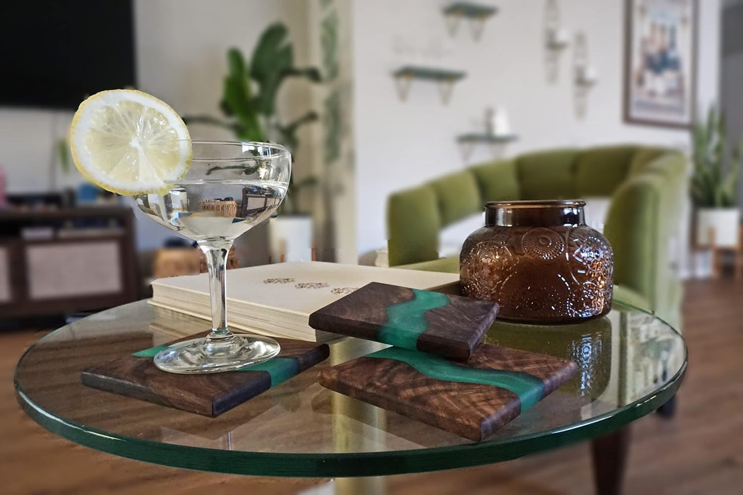 Wood Coaster Set for Drinks | Handmade with Dark Walnut & Natural Wood Sealant Finish for Water Resistance, Easy Cleaning & No Stains | Epoxy Resin River (4 Pieces) (Green)