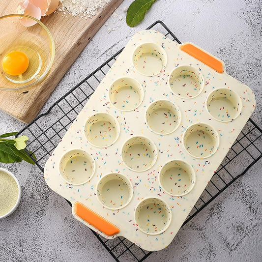 Silicone Muffin Pan,12 Cups Muffin Baking Pan with Handle Reusable Cupcake Baking Pan for Roasting Homemade Muffins, Cupcakes and Egg Bites(COLOR:Beige)