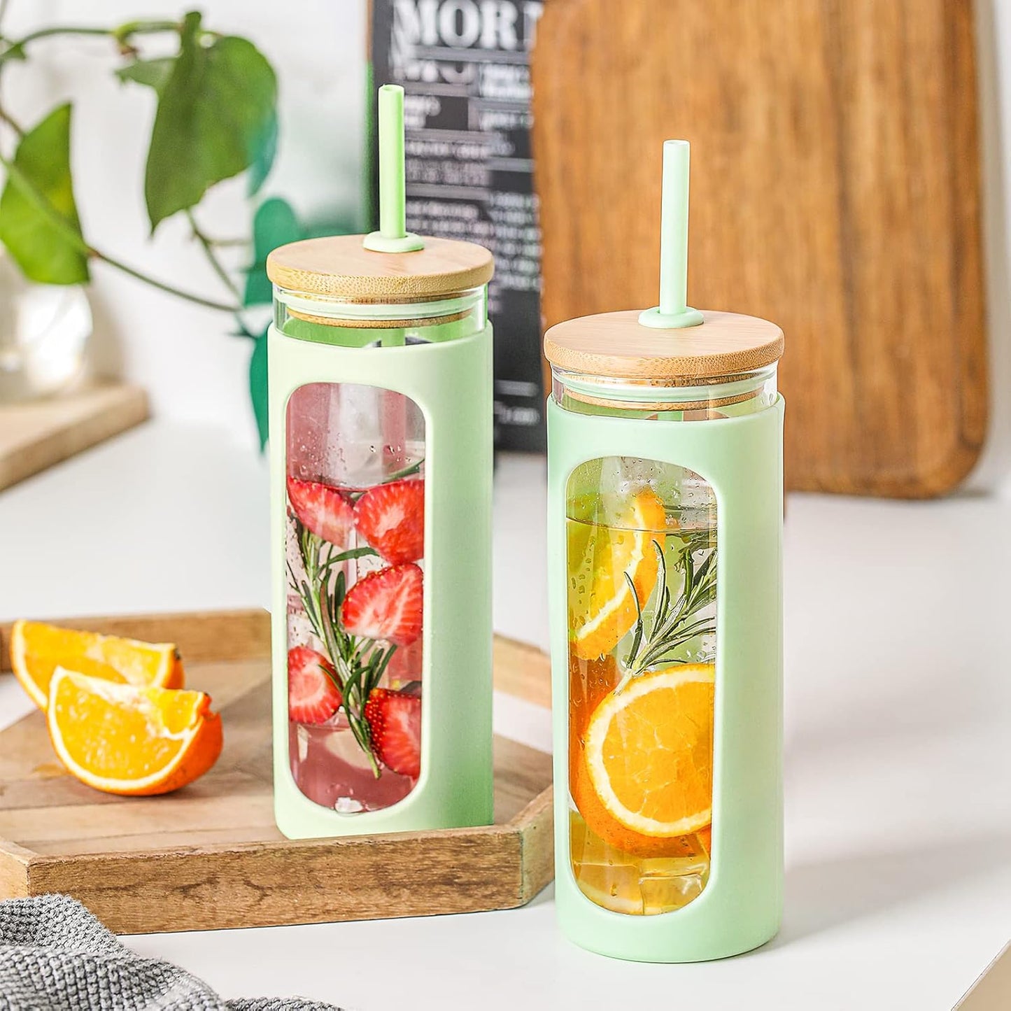 Kodrine 20oz Glass Tumbler with Straw and Lid, Iced Coffee Cups with Bamboo Lids, Glass Cups for Cold Drinks, Smoothie Cup with Silicone Sleeve for Travel, Work, BPA FREE-MintCream