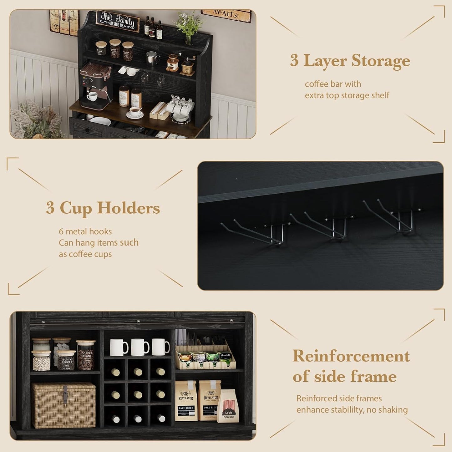 63 Inch Tall Coffee Bar Cabinet with 3-Tier Storage, Kitchen Hutch with 3 Drawers, Farmhouse Coffee Bar with 9 Racks & 3 Glass Holders, Wine Bar Cabinet for Living Dining Room, Black