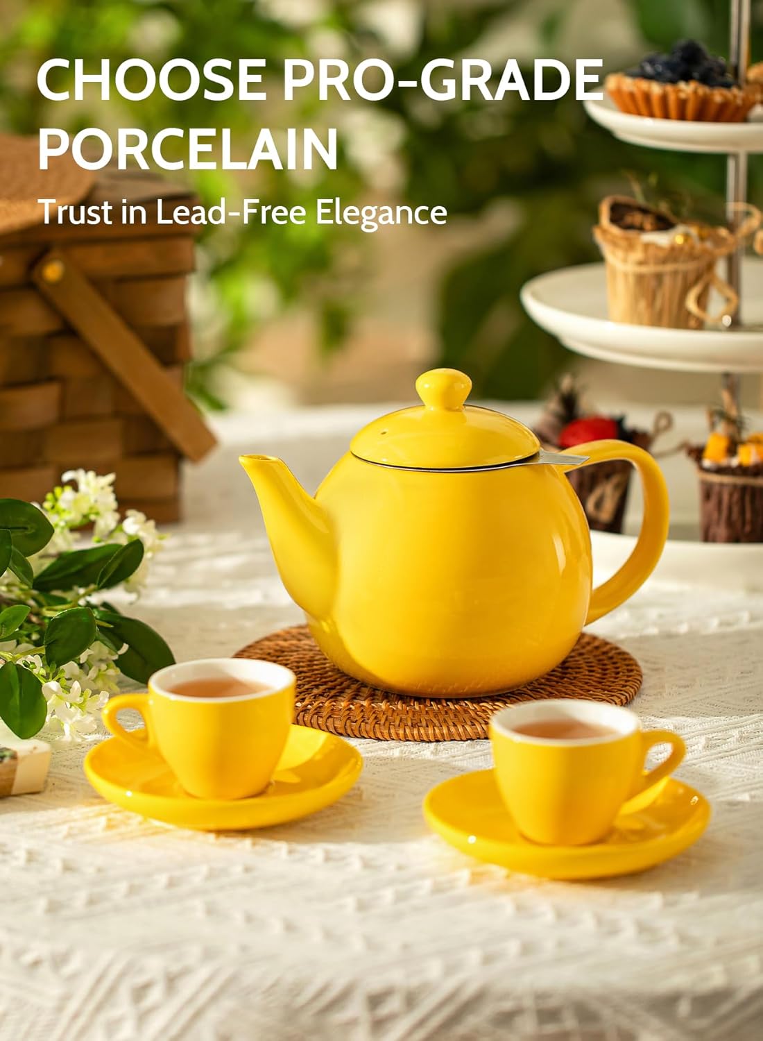 Sweese Teapot, Porcelain Tea Pot with Stainless Steel Infuser, Blooming & Loose Leaf Teapot - 27 ounce, Yellow