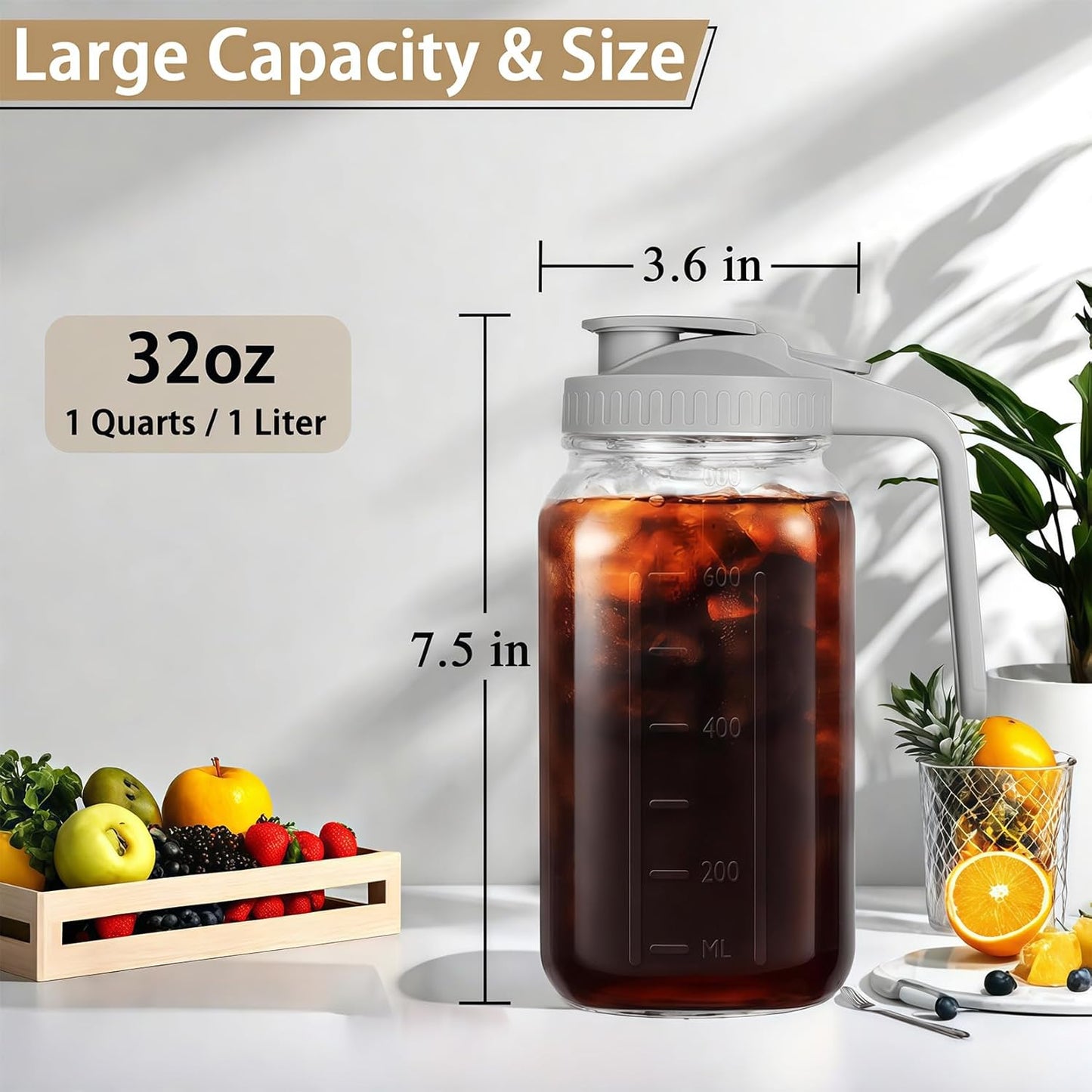 32oz Glass Pitcher with Handle and Lid, 1 Quart Mason Jar Pitcher - Airtight & Leakproof Water Jug with Pour Spout Lid, Glass Containers for Fridge, Perfect for Juice, Cold Brew, Iced & Sun Tea