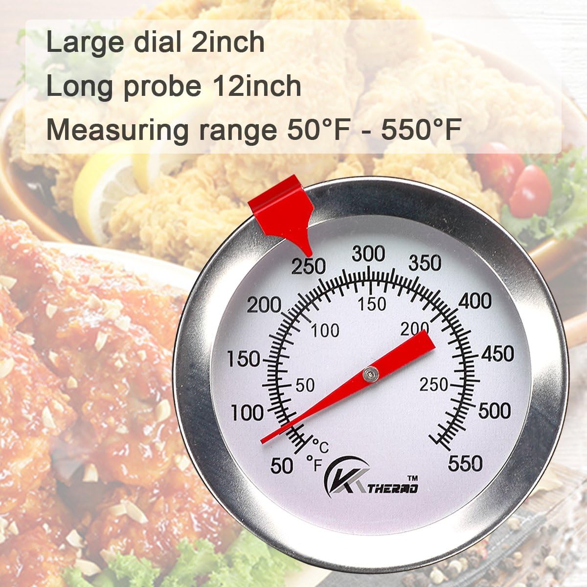 KT THERMO Candy/Deep Fry Thermometer with Instant Read,Dial Thermometer,12" Stainless Steel Stem Meat Cooking Thermometer,Best for Turkey,BBQ,Grill,Analog display