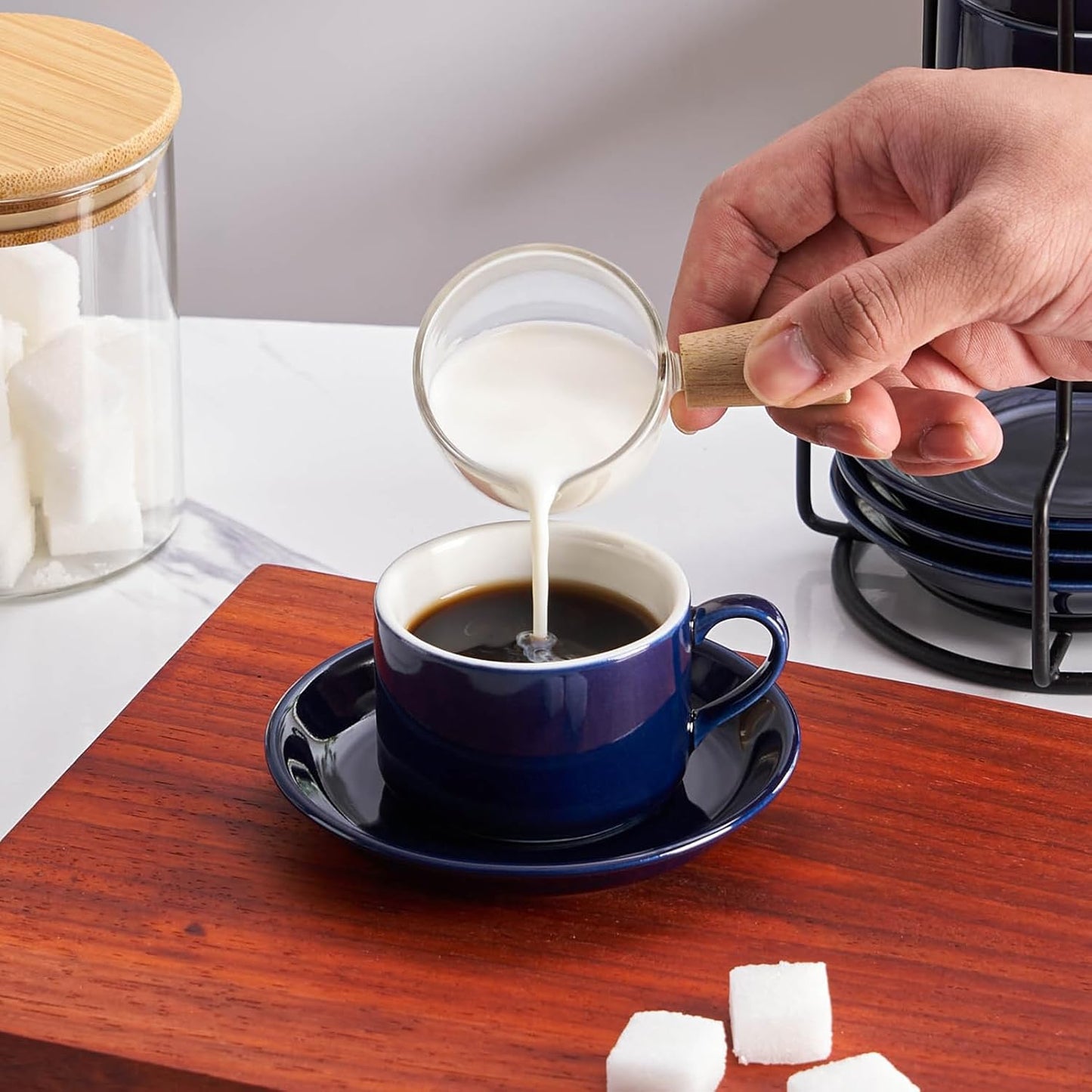 8oz Porcelain Stackable Cappuccino Cups with Saucers and Metal Stand Set of 4, Coffee Cups for Espresso, Specialty Coffee Drinks, Latte, Americano and Tea - Blue