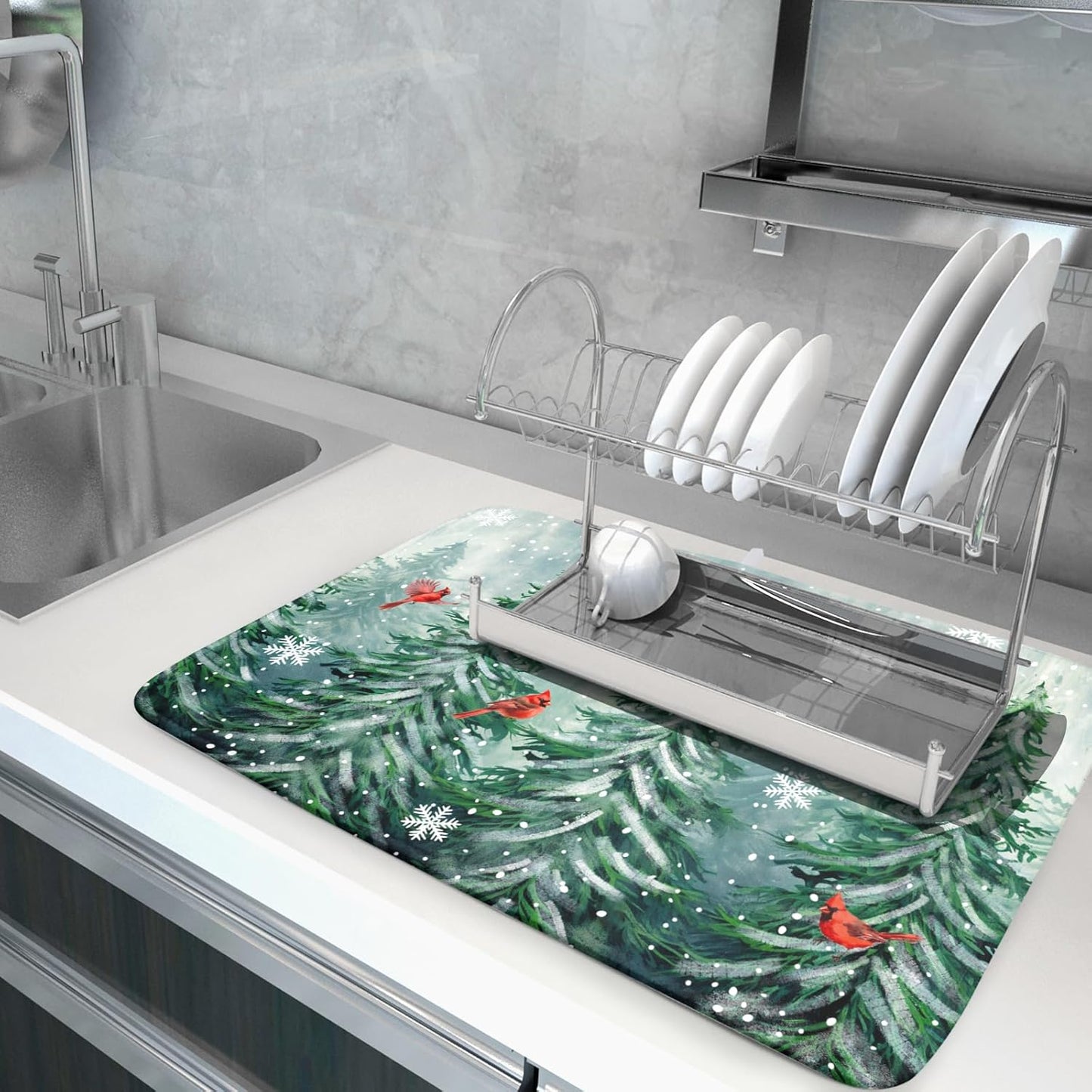 Welcome Winter Pines Tree Dish Drying Mat, Winter Snowflake Dish Drying Mat for Kitchen Counter, Red Birds Absorbent Fast Dry Dish Drainer Mat Protector Xmas Microfiber Dish Drying Pad 16"x18"