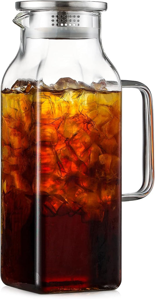 2 Quart (2 Liter 68 oz) Square Glass Pitcher with Lid and Spout, Water Pitchers with Handle for Fridge, Borosilicate Glass Carafe for Hot/Cold Drink, Large Jug for Iced Tea, Coffee,Juice,Milk,Beverage