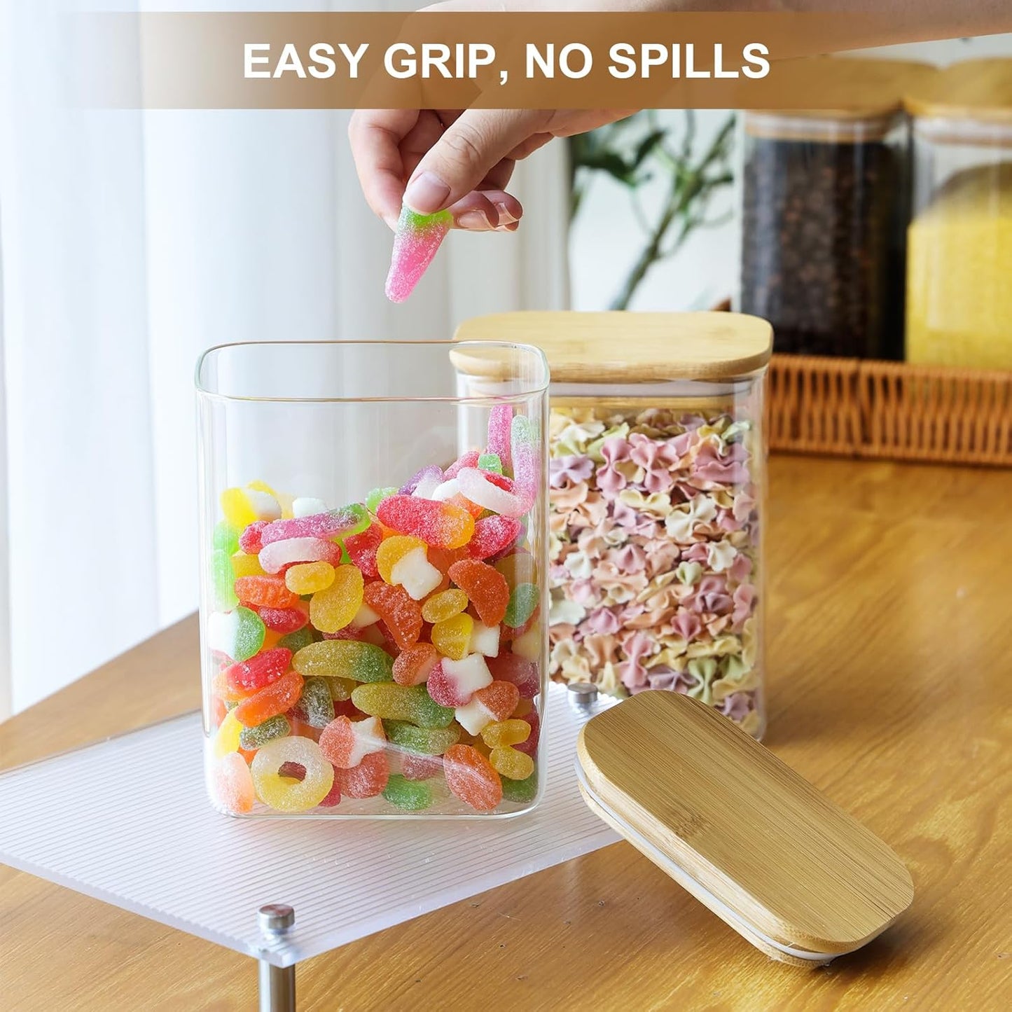 Liuruiyu Glass Storage Jars 12 * 8cm [Set of 6],Clear Glass Food Storage Containers with Airtight Bamboo Lid Stackable Kitchen Canisters for Candy,Cookie,Rice,Sugar,Flour,Pasta(Square)