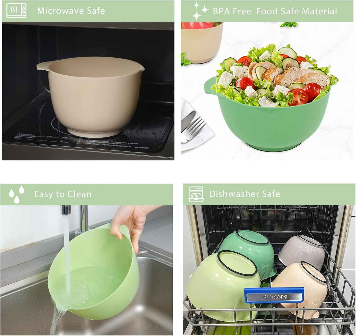 BoxedHome Classic Mixing Bowl Set, BPA Free Plastic, Microwave and Dishwasher Safe, 4.5 quarts (Sage)