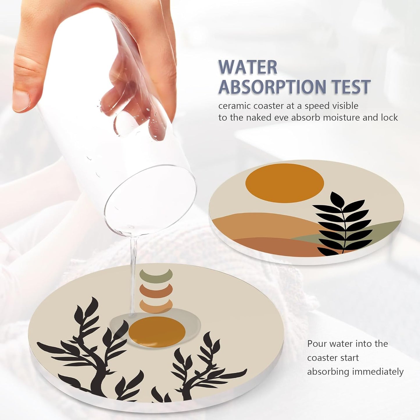 Drink Coasters Set of 6 with Holder, Abstract Boho Sun Leaves Absorbent Ceramic Coasters with Cork Base,Fit All Cups,Great Gift for Housewarming,Room Decor,Bar,Holiday Party