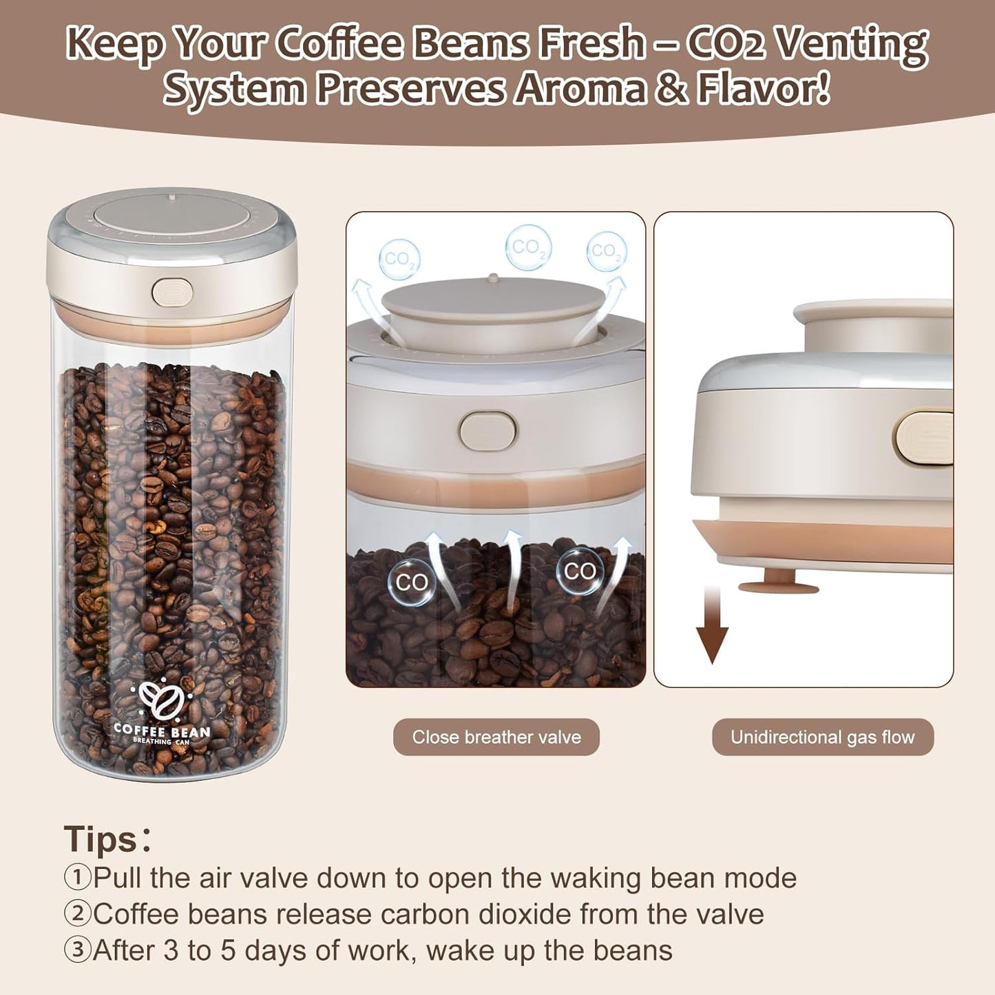 22oz Airtight Coffee Canister With Scoop, Glass Coffee Container Airtight,High Borosilicate Jar With Co2 One-Way Valve, Date Tracker (57fl.oz)