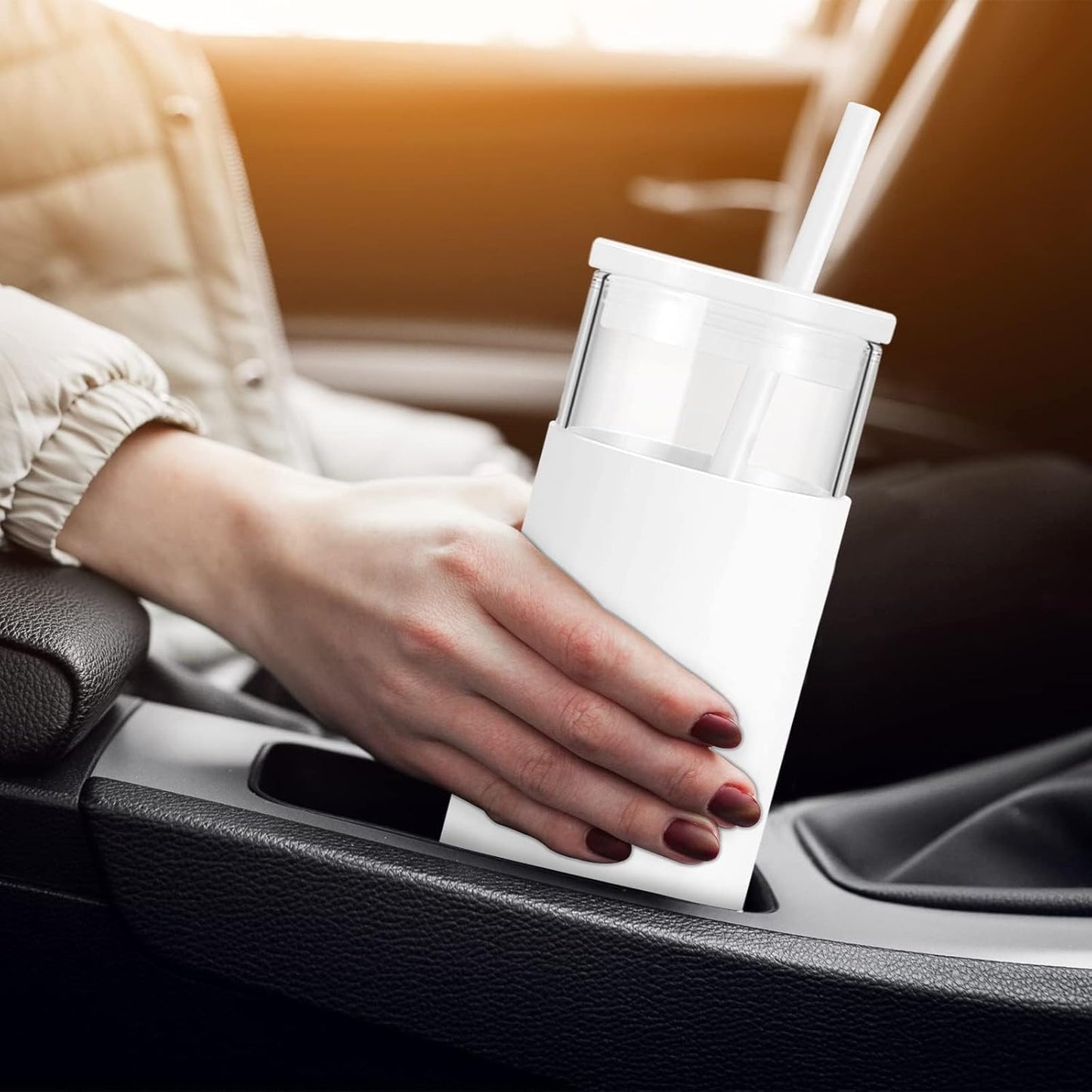 Tronco 20 oz Glass Tumbler With Lids and Straws, Reusable Smoothie Cups With Silicone Lid, Iced Coffee Cup With Silicone Protective Sleeve, Dishwasher Safe- BPA Free（Light Purple 1 Count）