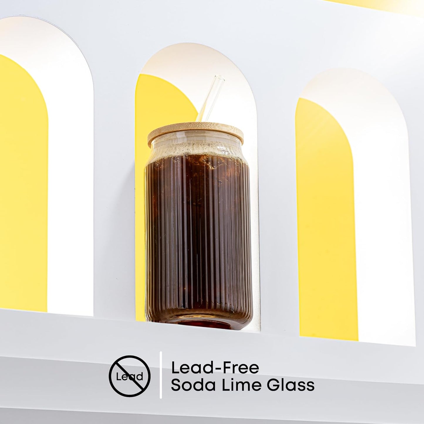 JoyJolt Fluted Glass Tumblers with Bamboo Lids and Glass Straws, Ribbed Can Shaped Drinking Glasses Set of 4, 16oz Cup with Lids and Straws, Iced Coffee Cups, Cocktail/Beer Glasses, Tea Cups