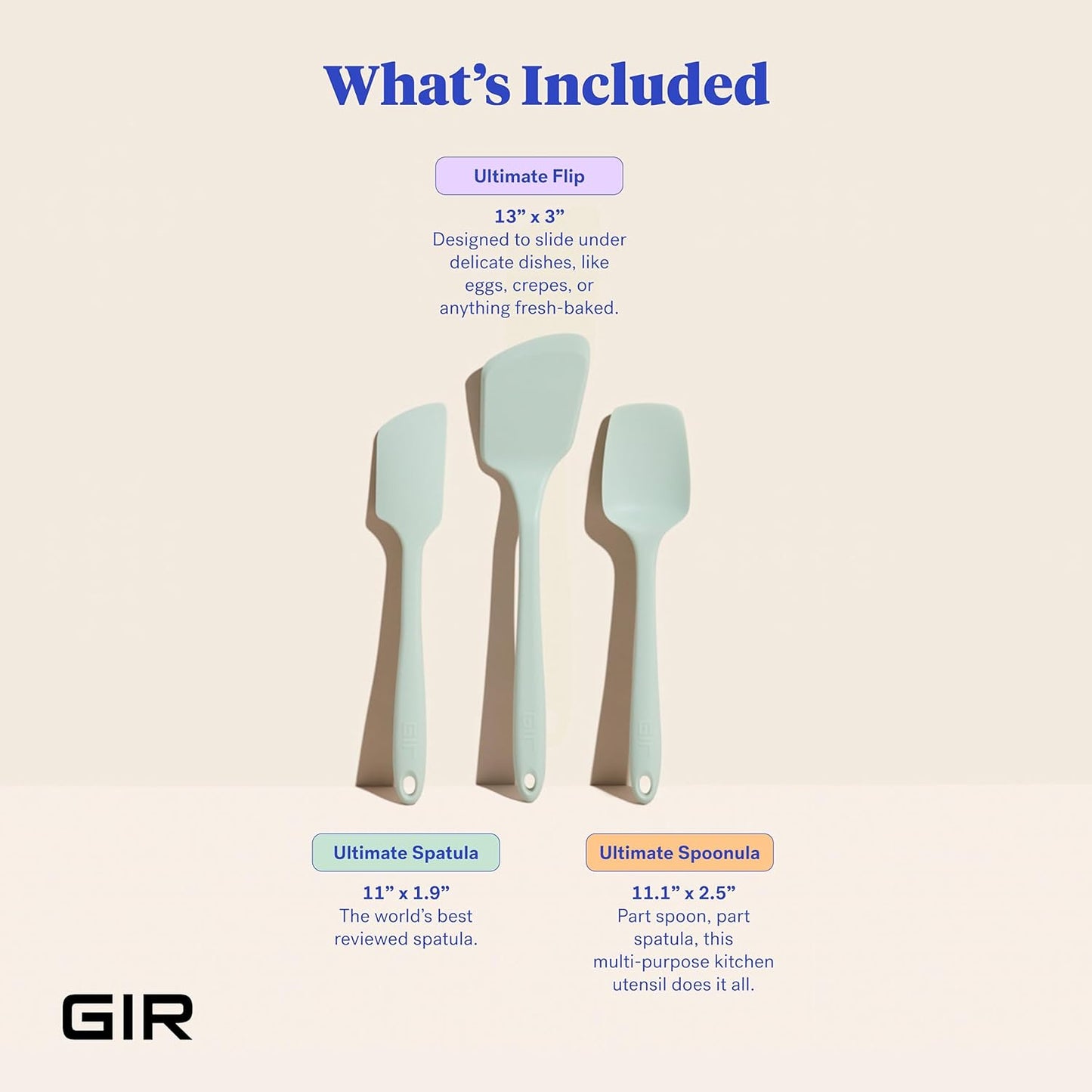GIR: Get It Right 3 Piece Silicone Utensil Set - Spatula, Flip & Spoonula - Non-Stick - Heat Resistant - Dishwasher Safe - Kitchen Cooking Utensils - BPA & BPS Free - Mint Silicone Spatula Set