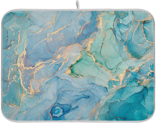 Marble Dish Drying Mat for Kitchen Counter Blue Teal Turquoise Gold Drying Mat 16 x 18 Inch with High Absorbent Reversible Microfiber Dish Drying Pad Dish Rack Pad Drainer Mat for Coffee Bar